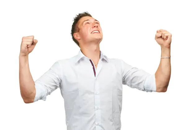 Hombre Celebración Feliz Puño Estudio Con Éxito Metas Libertad Financiera Imagen de stock