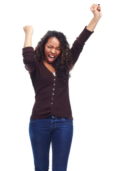 Krzyki Uśmiech Kobieta Uroczystości Podekscytowany Emoji Izolowane Białym Tle Studio — Zdjęcie stockowe