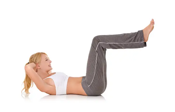 Woman Yoga Sit Ups Floor Studio Exercise Healthy Body Wellness — Stock Photo, Image