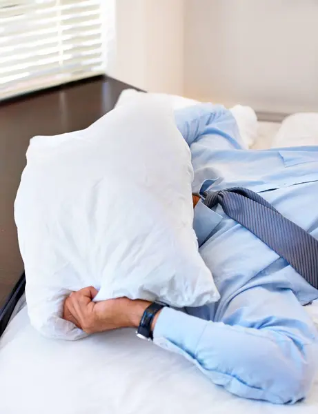 Stress Pillow Tired Business Man Bedroom Frustrated Fatigue Fear Mistake — Stock Photo, Image
