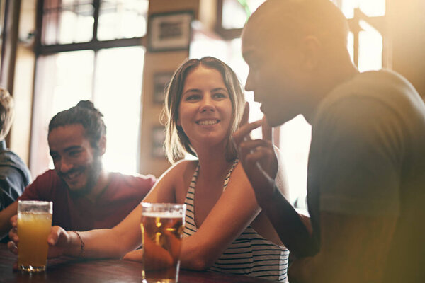 Friends, people and happiness in pub with beer for happy hour, relax or social event with confidence. Diversity, face and drinking alcohol in restaurant or club with smile for bonding or celebration.