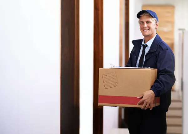 Delivery, man and portrait with box at front door of house for distribution of online shopping package. Happy, courier and person in supply chain with transport of ecommerce, product and stock.