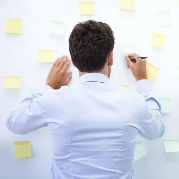 Businessman, writing and sticky notes in office for planning, brainstorming and project with rear view. Entrepreneur, employee and ideas for agenda, schedule and proposal information at work.