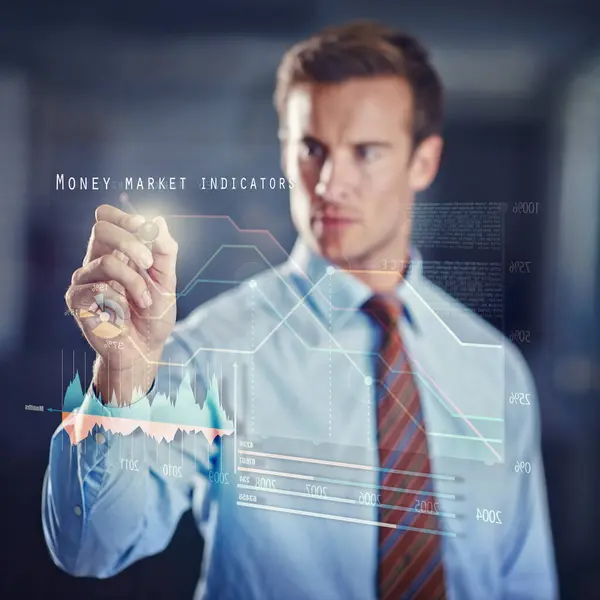 Businessman Planning Finance Overlay Digital Interface Graphs Working Technology Data — Stock Photo, Image