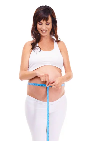 Woman Smile Pregnant Measure Growth Studio White Background Happiness Wellness — Stock Photo, Image