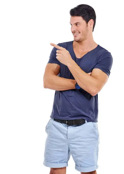 Man Smile Pointing Finger Fashion Sale Discount Promotion Mockup White — Stock Photo, Image