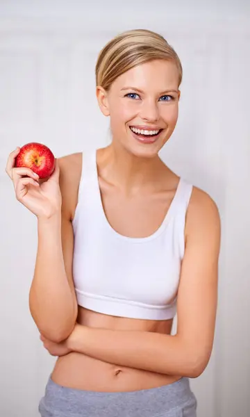 Happy Woman Portrait Diet Apple Nutrition Fitness Health Wellness Home — Stock Photo, Image