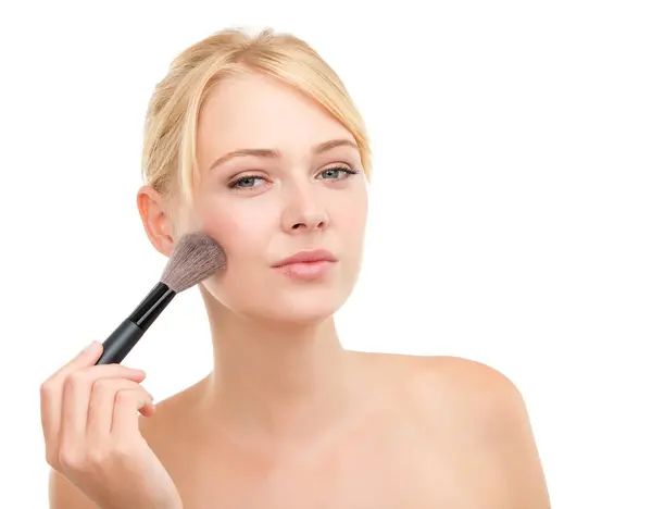 Mujer Retrato Pincel Para Maquillaje Facial Estudio Con Felicidad Para —  Fotos de Stock