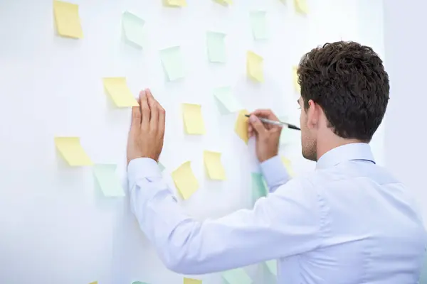 Businessman Writing Sticky Notes Wall Planning Brainstorming Project Strategy Rear — Stock Photo, Image