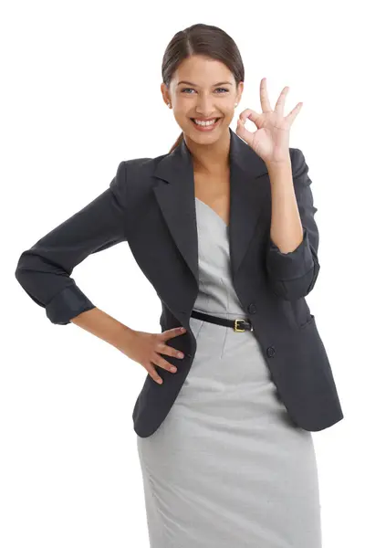 Success Okay Business Woman Studio Thank You Support White Background — Stock Photo, Image