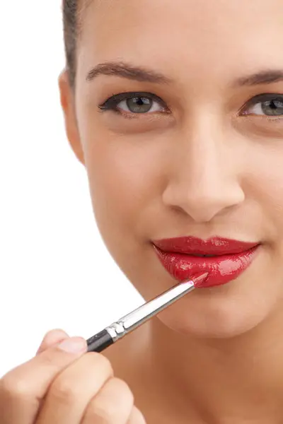 Glückliche Frau Porträt Und Roter Lippenstift Mit Make Für Glanz — Stockfoto