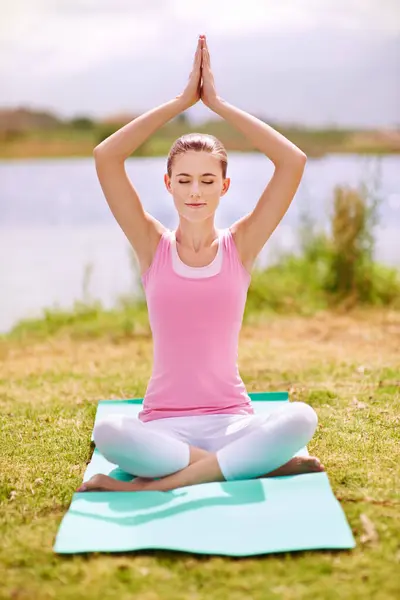 Mulher Ioga Mãos Oração Para Meditação Livre Exercício Natureza Com — Fotografia de Stock