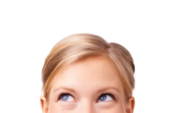 Pensamiento Ojos Mujer Estudio Con Espacio Maqueta Para Publicidad Promoción —  Fotos de Stock