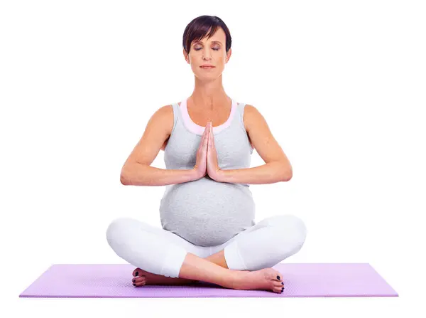 Fitness Meditace Jóga Pro Wellness Těhotnou Ženou Studiu Izolovaném Bílém — Stock fotografie