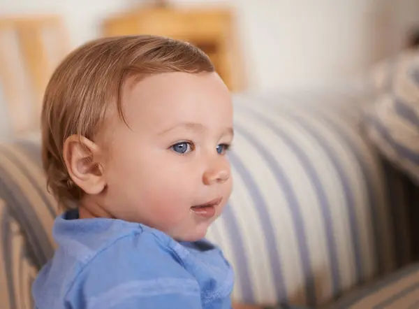 Baby Boy Sonrisa Perfil Facial Sofá Relajante Descansando Sentado Salón —  Fotos de Stock
