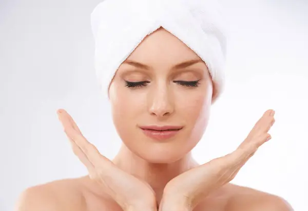 Calm Woman Portrait Skincare Beauty Clean Healthy Dermatology Studio Background — Stock Photo, Image