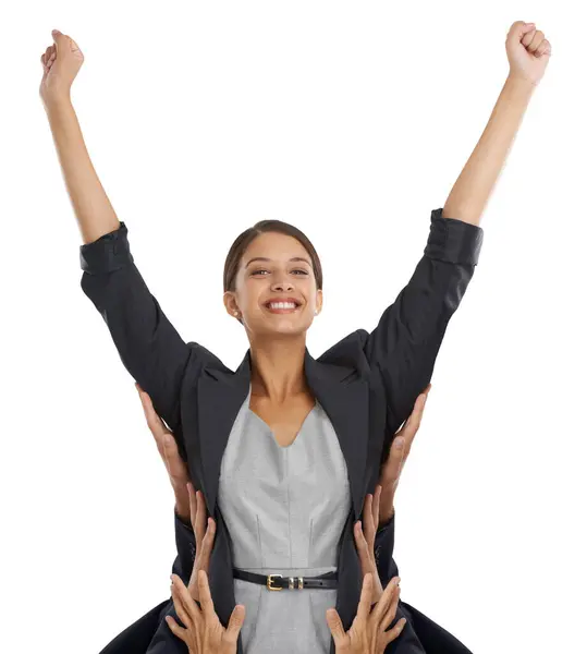 Corporate Woman Success Portrait Yes Praise Team Cheers Arms Raised — Stock Photo, Image
