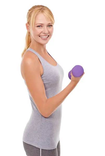 Fitness Glimlach Vrouw Met Haltergewicht Studio Voor Gezondheid Wellness Lichaamsbeweging — Stockfoto