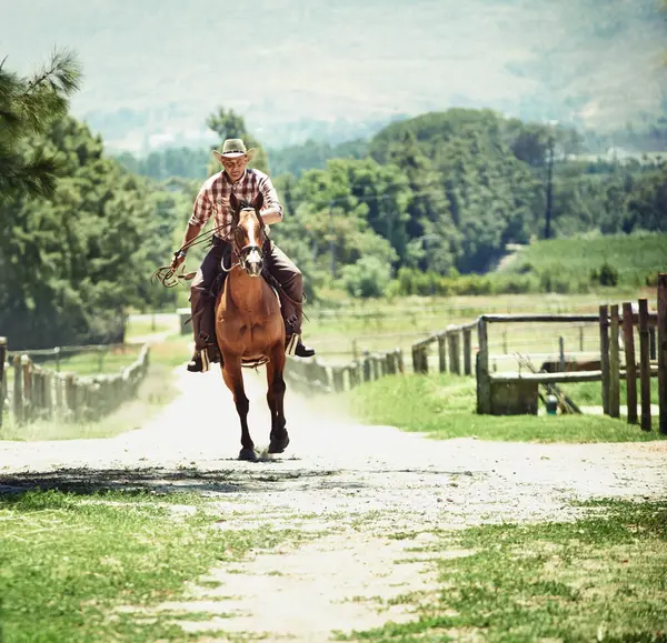 Kovboy Rodeo Binicilik Eğitim Için Kırsalda Eyerle Ata Binen Adam — Stok fotoğraf