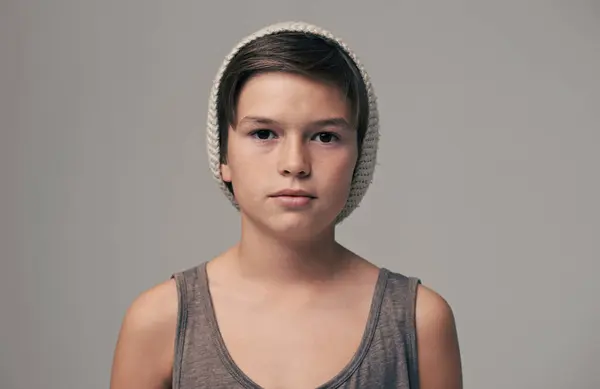 Boy Beanie Fashion Studio Portrait Teenager Edgy Aesthetic Background Kid — Stock Photo, Image