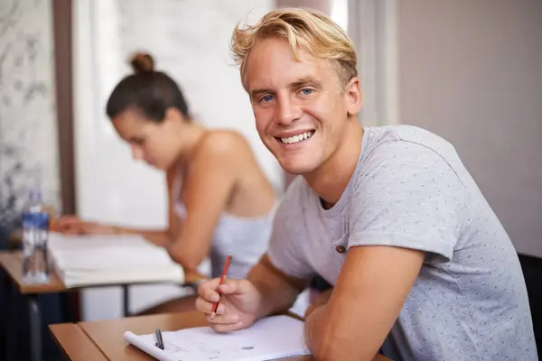 Happy Man Portrait Student Book Classroom Studying Reading Writing Summary — Stock Photo, Image