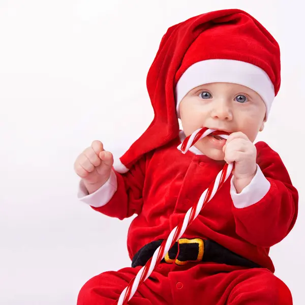 Baby Portrait Studio Santa Costume First Christmas Holiday Candy Cane — Stock Photo, Image