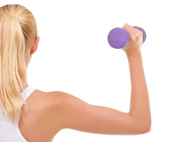 Woman Dumbbell Training Exercise Arm Workout White Background Challenge Strength — Stock Photo, Image