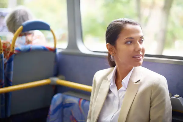 Transport Voyage Trajet Pour Femme Affaires Assise Dans Bus Pour — Photo
