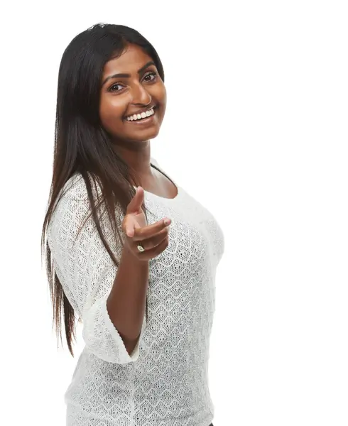 Mujer Feliz Apuntar Usted Retrato Para Decisión Reclutamiento Elección Por — Foto de Stock