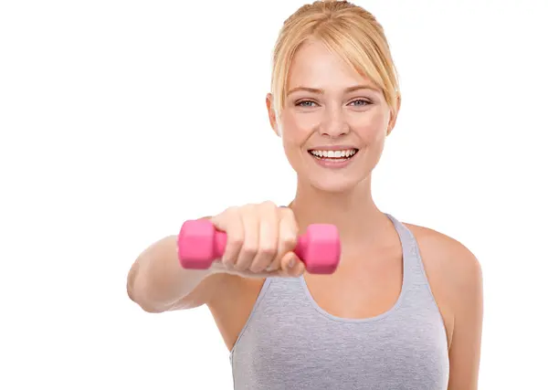 Fitness Pesos Retrato Mulher Estúdio Para Saúde Bem Estar Musculação — Fotografia de Stock