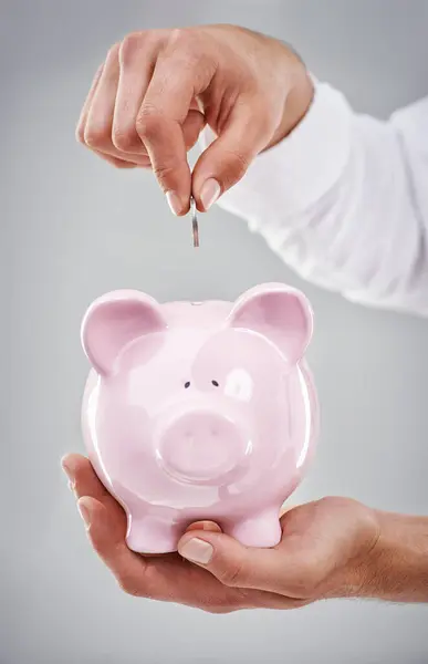 Hands, coin in piggy bank and saving for future, person has financial freedom or budget with money on grey background. Investment, finance for growth and development with security and emergency fund.