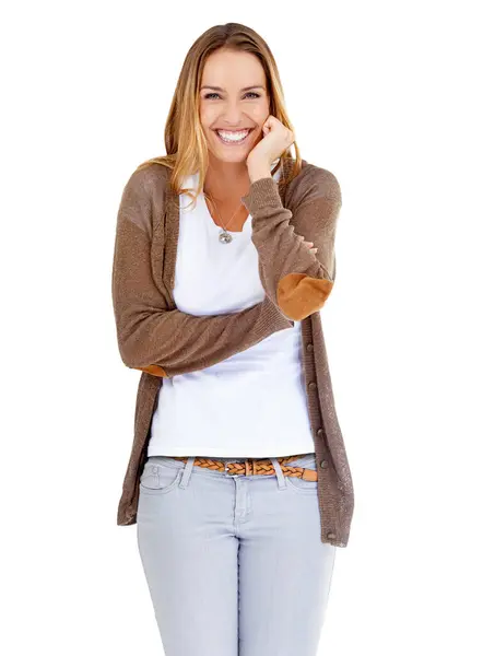 Mujer Retrato Sonrisa Excitada Estudio Con Fondo Blanco Buen Humor — Foto de Stock