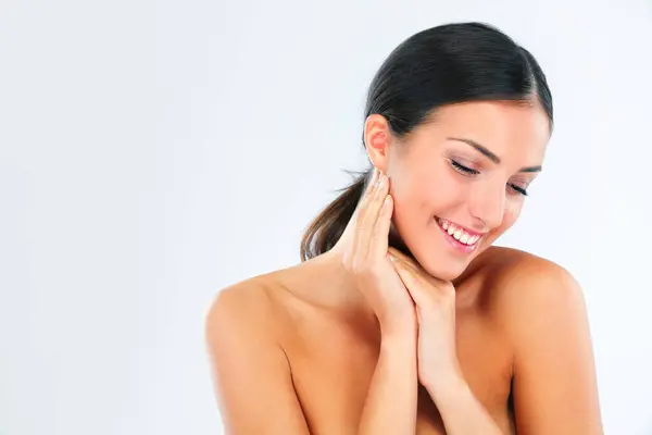 Skincare Mockup Donna Felice Studio Con Mani Pelle Morbida Dermatologia — Foto Stock