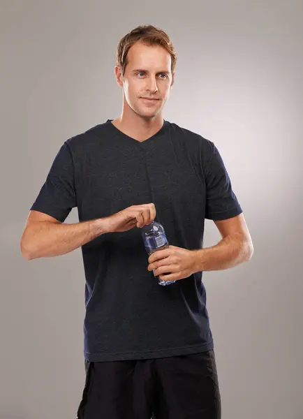 Thinking Studio Man Drinking Water Fitness Hydration Workout Break Isolated — Stock Photo, Image