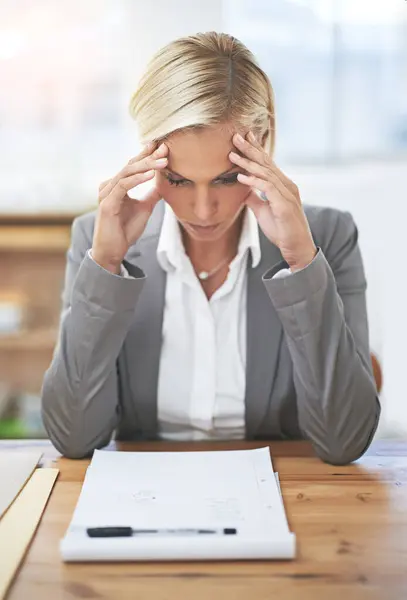 Lawyer Woman Headache Office Desk Paperwork Stress Tired Case Investigation — Stock Photo, Image