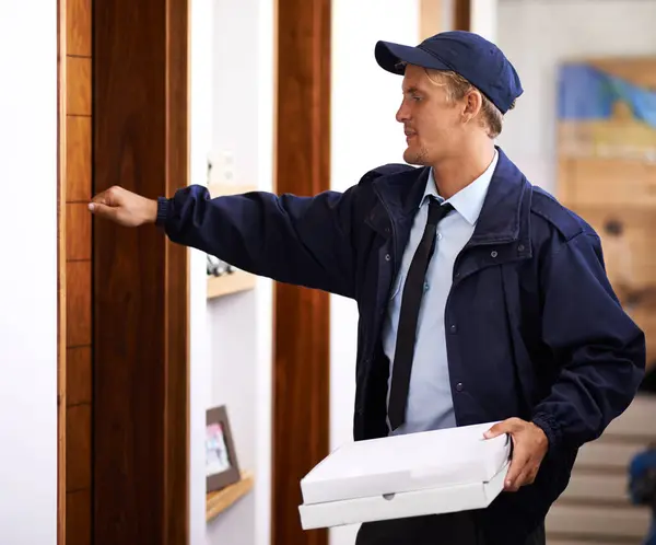 Delivery Man Pizza Front Door Home Customer Giving Box Easy — Stock Photo, Image