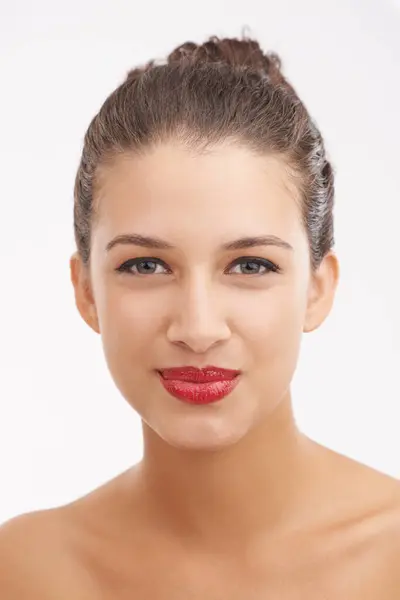 Woman Portrait Makeup Red Lipstick Beauty Cosmetics Facial Treatment White — Stock Photo, Image