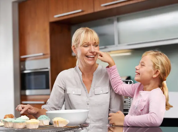Mother Playing Flour Girl Baking Kitchen Happy Family Excited Child — Stock Photo, Image