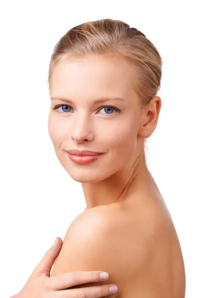 Portrait Skincare Makeup Shoulder Woman Studio Isolated White Background Self — Stock Photo, Image