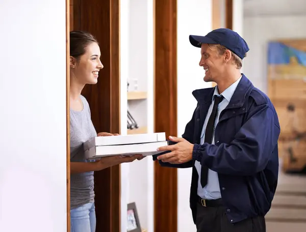 Pizza Man Food Delivery Home Customer Giving Box Easy Service — Stock Photo, Image
