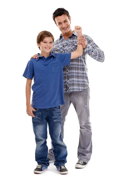 Happy Muscle Portrait Father Child White Background Bonding Relationship Love Stock Photo