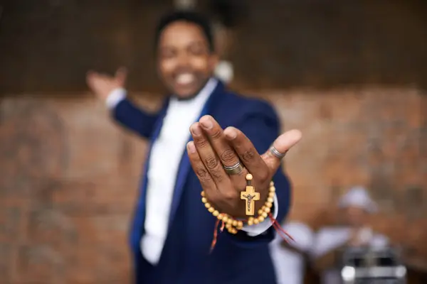 Black Man Christianity Hands Cross Church Holy Welcome Faith Hope — Stock Photo, Image