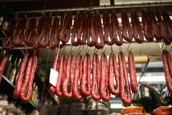 Hooks Butchery Dry Sausage Shop Traditional Food Groceries Products Germany — Stock Photo, Image