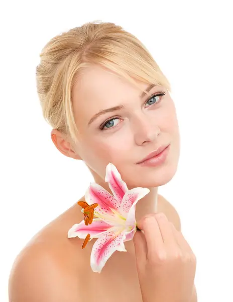 Skincare Flower Portrait Woman Studio Natural Health Wellness Face Routine Stock Photo