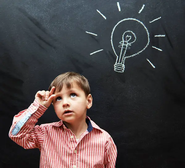 Kid Thinking Lightbulb Chalkboard Solution Learning Creative Mindset School Inspiration Royalty Free Stock Images