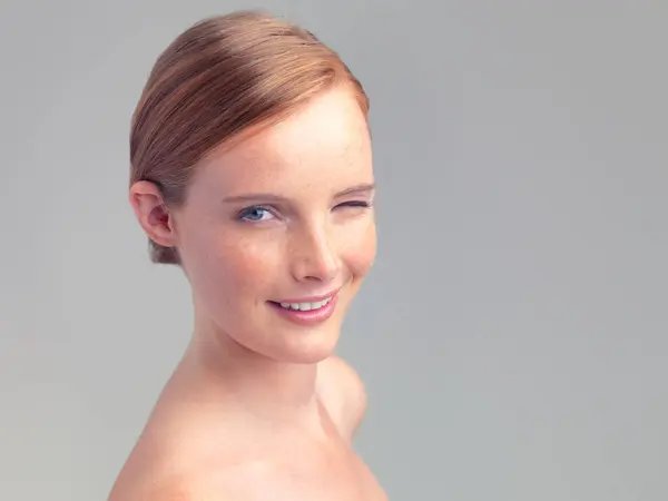 Portrait Wink Skincare Happy Woman Beauty Shine Mockup Space Studio — Stock Photo, Image