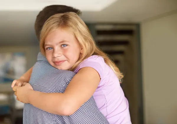Family Hug Dad Portrait Girl Relaxing Holding Parent Comfort Smile — Stock Photo, Image