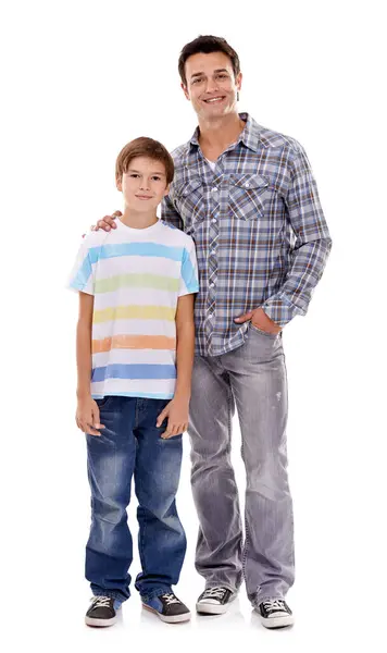 Happy Father Portrait Hug Child Fashion Family Bonding White Studio Stock Photo