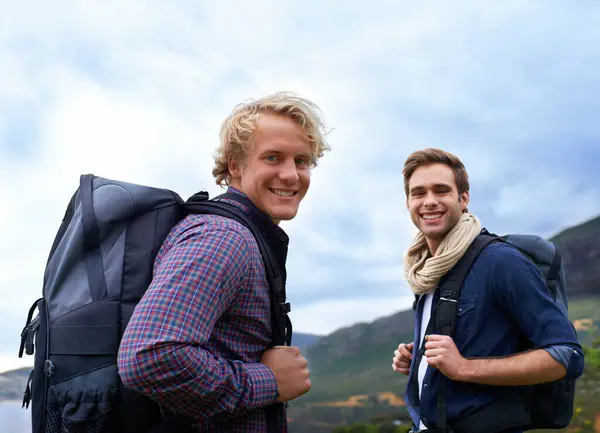Happy Man Portrait Friends Backpack Hiking Mountain Travel Sightseeing Outdoor — Stock Photo, Image