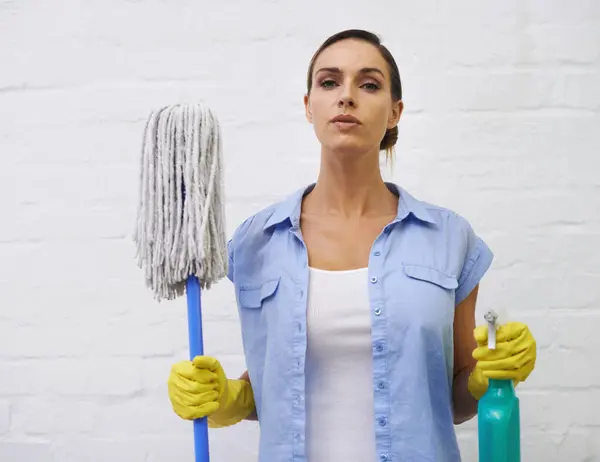 Mop Spray Portrait Woman Cleaning Bathroom Home Hotel Confidence Housework — Stock Photo, Image